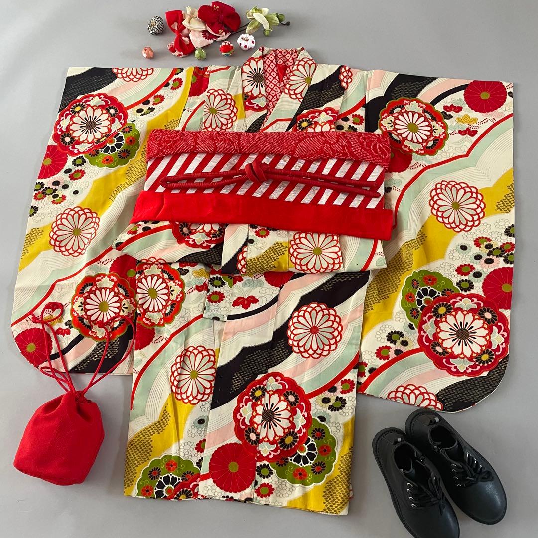 七五三　5歳　アンティークお着物セット　髪飾り付き