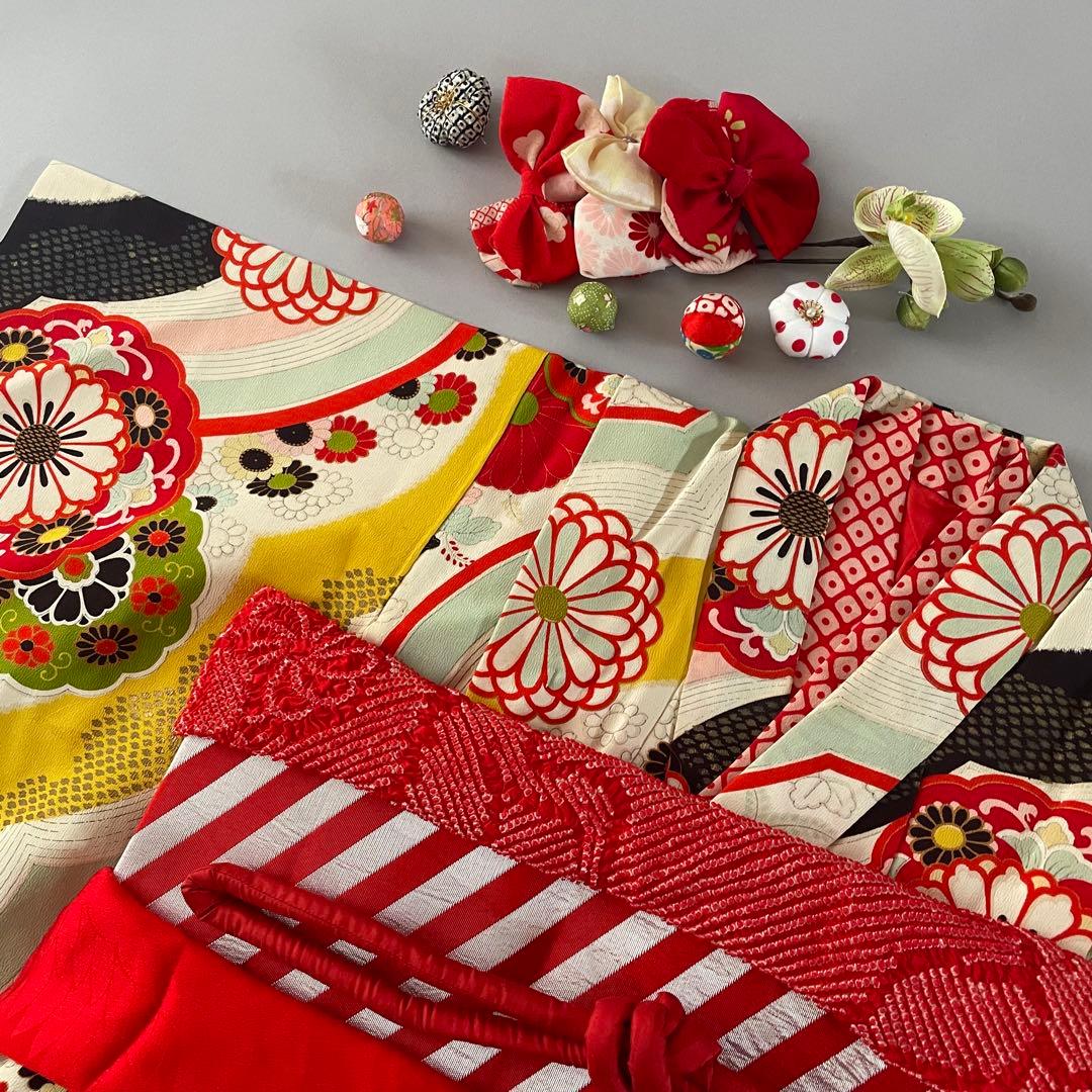 七五三　5歳　アンティークお着物セット　髪飾り付き