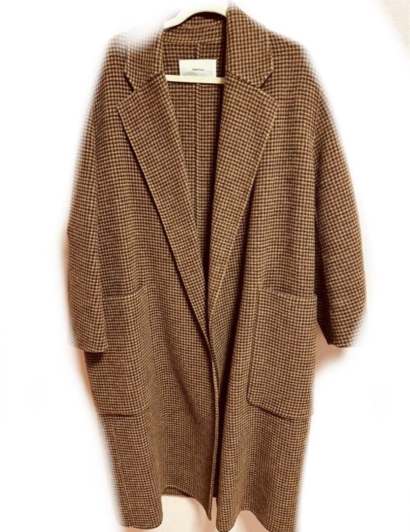ウール　オーバーチェックコート　todayful ブラウン　38 ロングコート