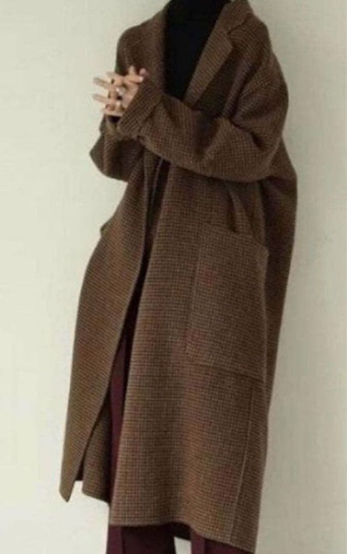 ウール　オーバーチェックコート　todayful ブラウン　38 ロングコート