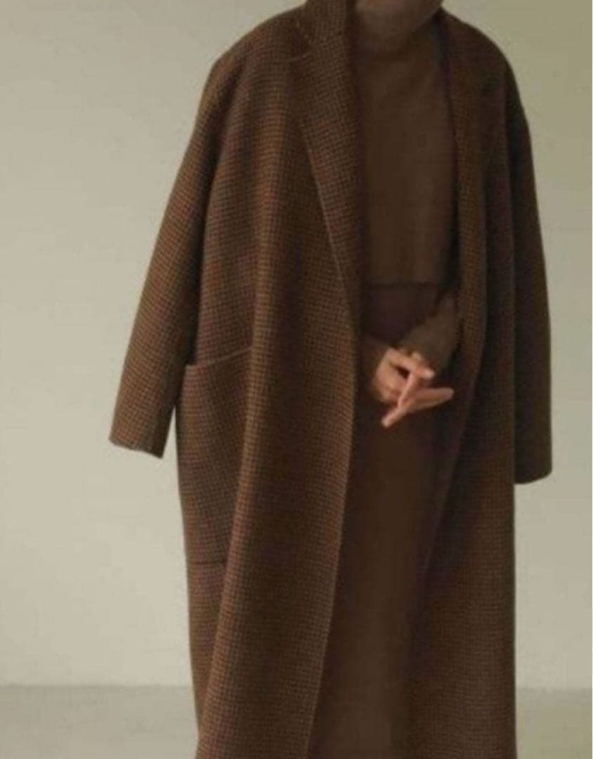 ウール　オーバーチェックコート　todayful ブラウン　38 ロングコート