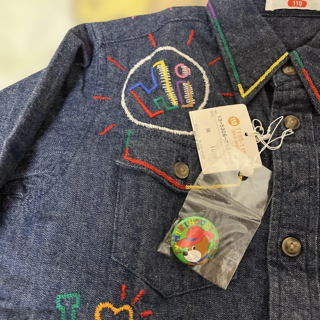 未使用タグ付ミキハウス 前後刺繍 ありデニムシャツ バッチ付 110