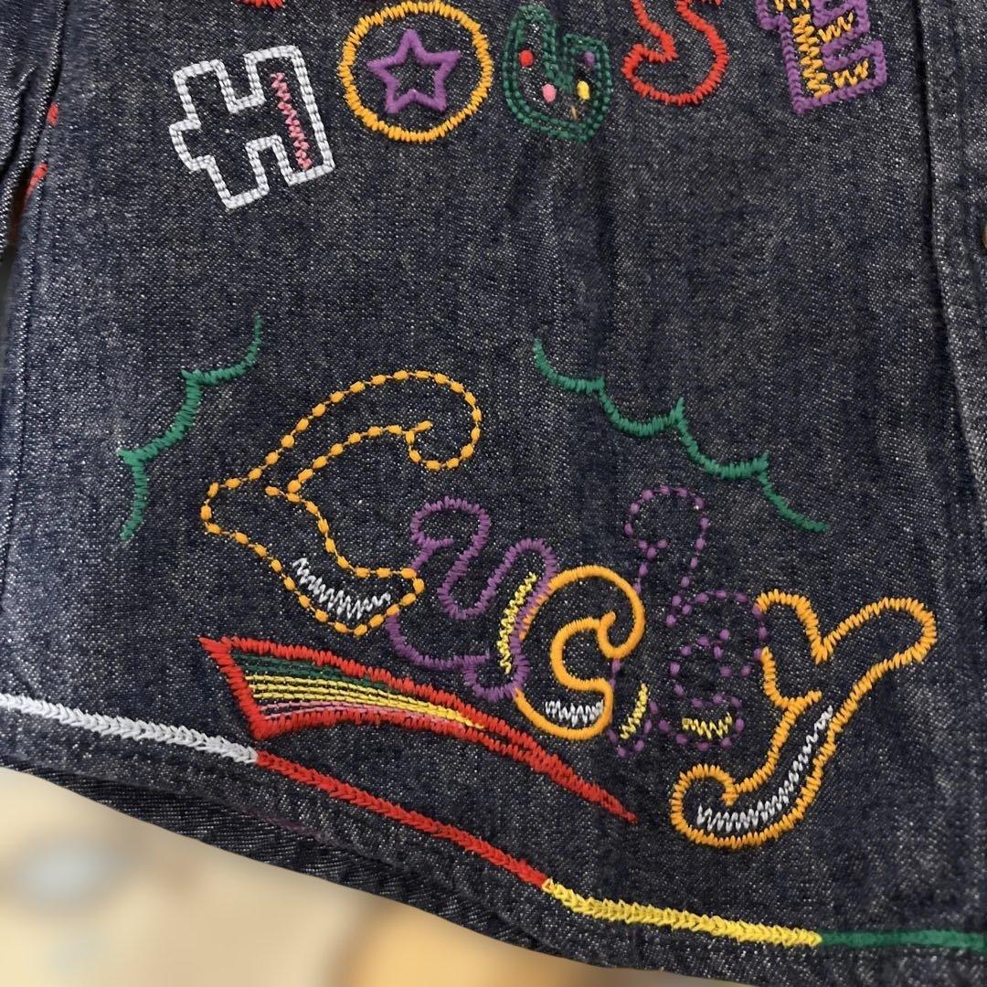 未使用タグ付ミキハウス 前後刺繍 ありデニムシャツ バッチ付 110