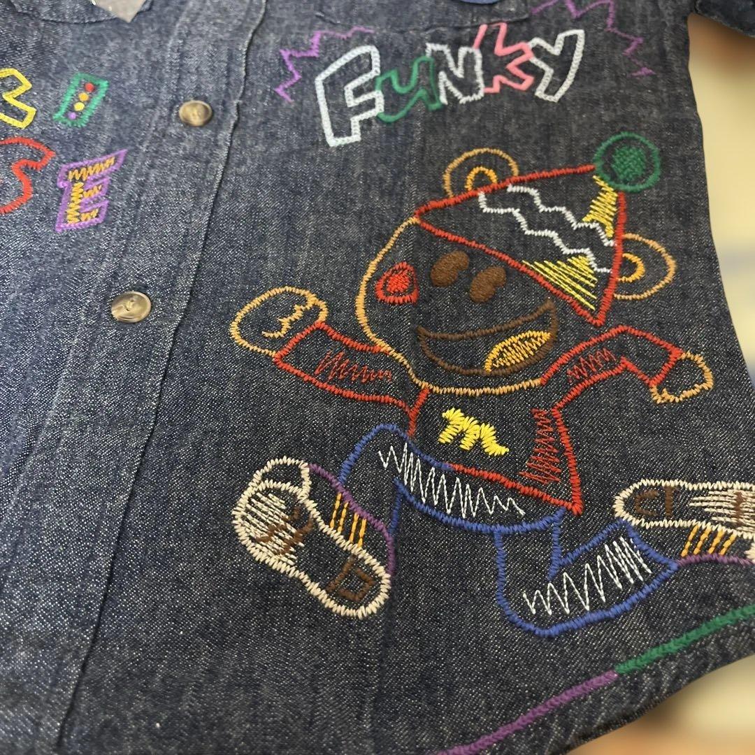 未使用タグ付ミキハウス 前後刺繍 ありデニムシャツ バッチ付 110