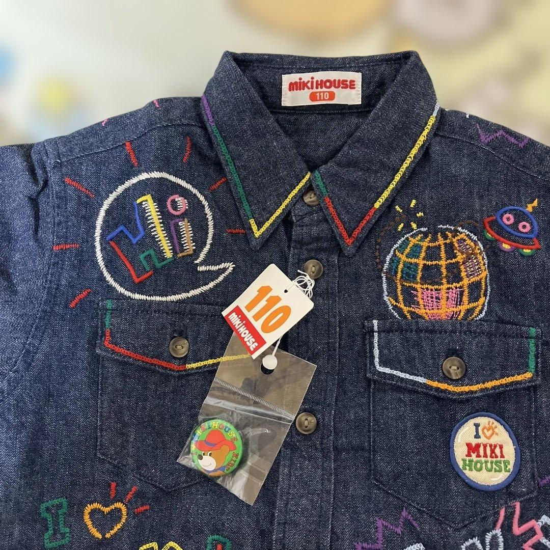 未使用タグ付ミキハウス 前後刺繍 ありデニムシャツ バッチ付 110