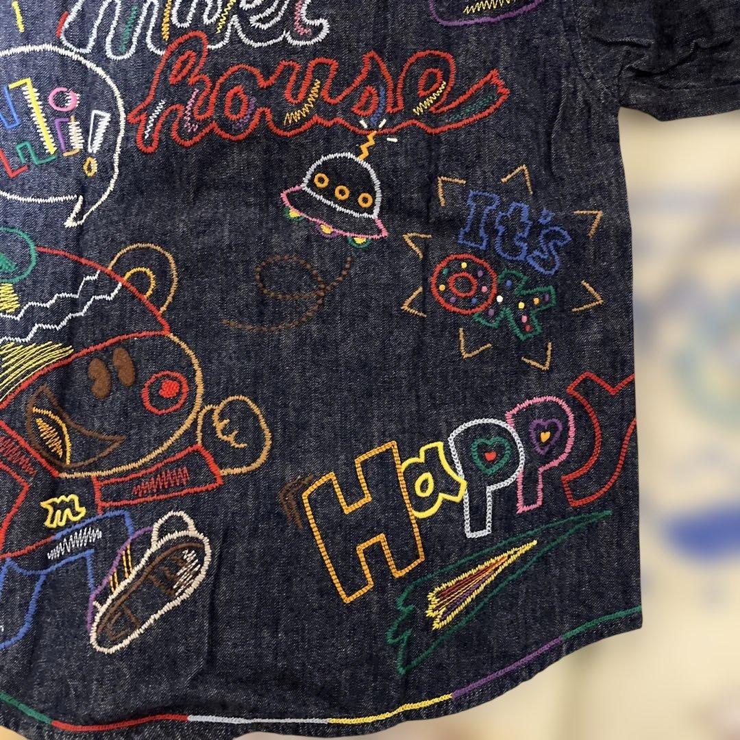 未使用タグ付ミキハウス 前後刺繍 ありデニムシャツ バッチ付 110