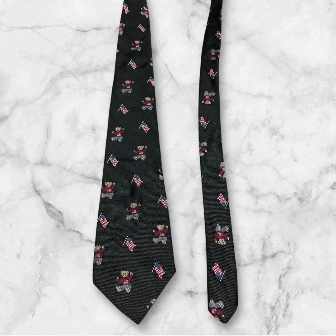 ラルフローレン　ネクタイ　黒　ポロベア　アメリカ国旗
