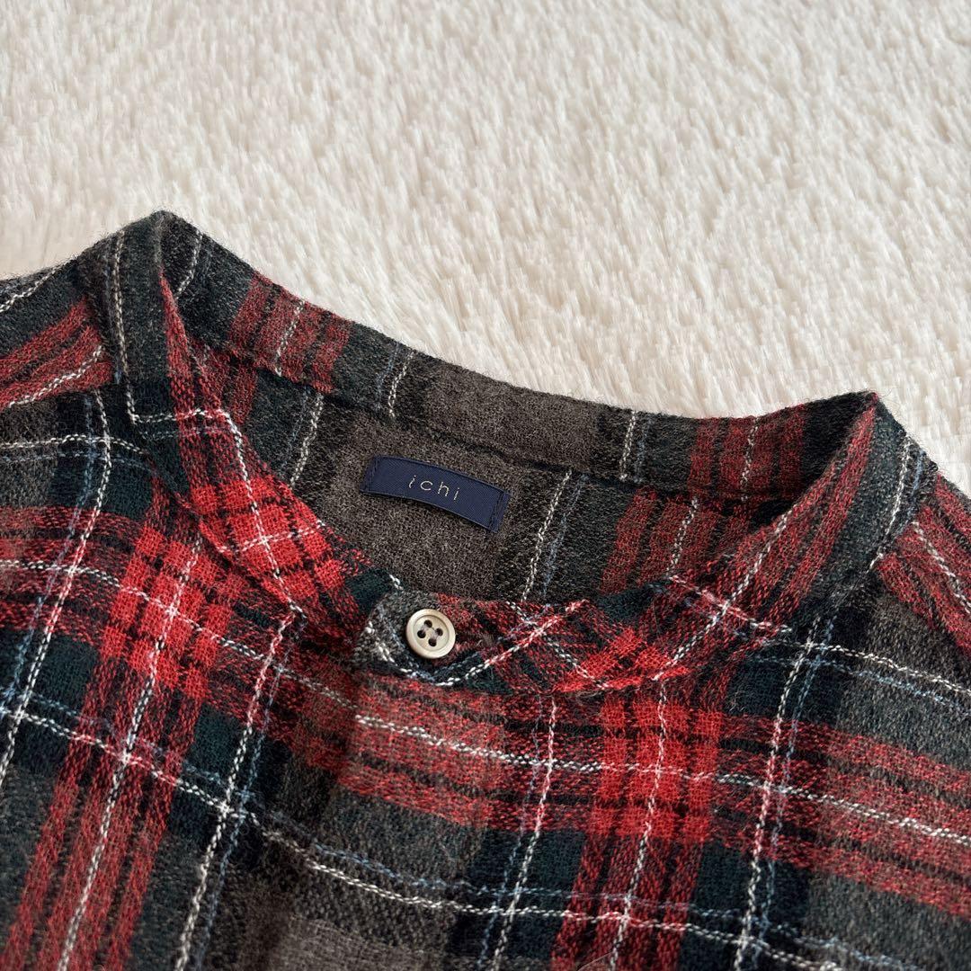 ichi ウール　ガーゼ　タータンチェック　シャツワンピース　バンドカラー