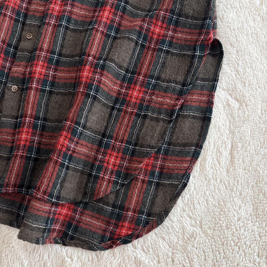 ichi ウール　ガーゼ　タータンチェック　シャツワンピース　バンドカラー