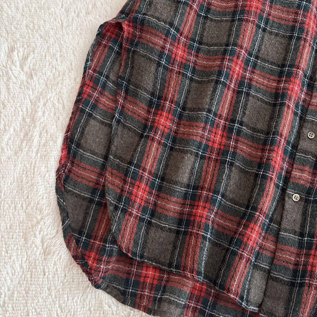 ichi ウール　ガーゼ　タータンチェック　シャツワンピース　バンドカラー