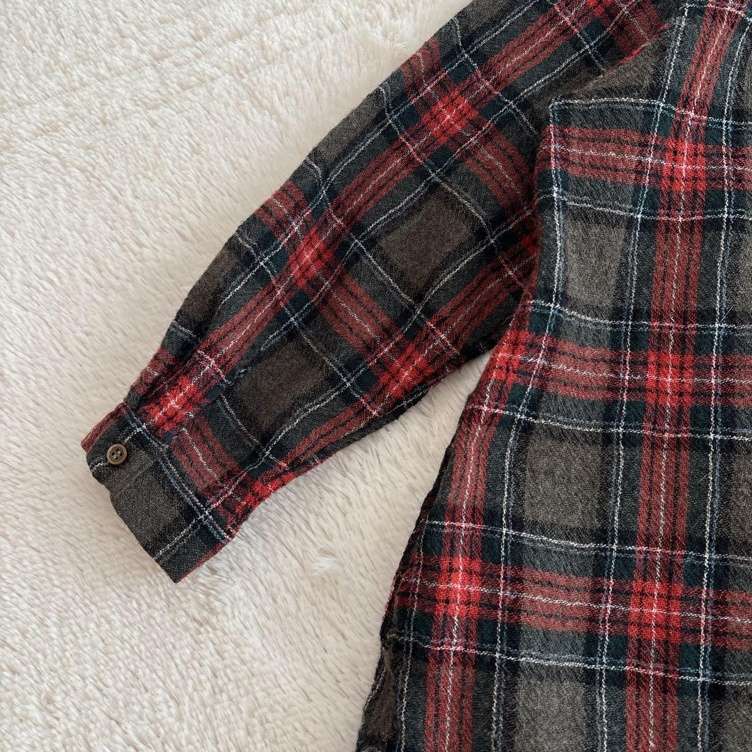 ichi ウール　ガーゼ　タータンチェック　シャツワンピース　バンドカラー