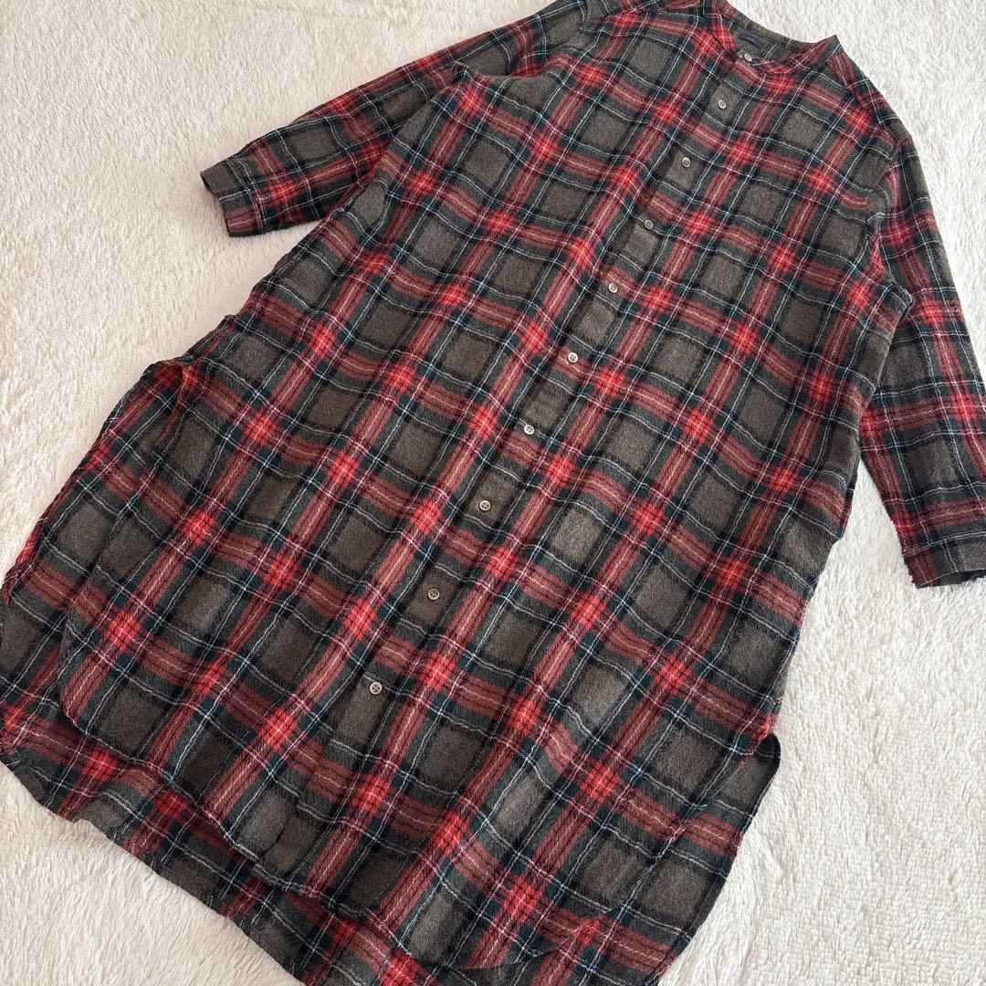 ichi ウール　ガーゼ　タータンチェック　シャツワンピース　バンドカラー