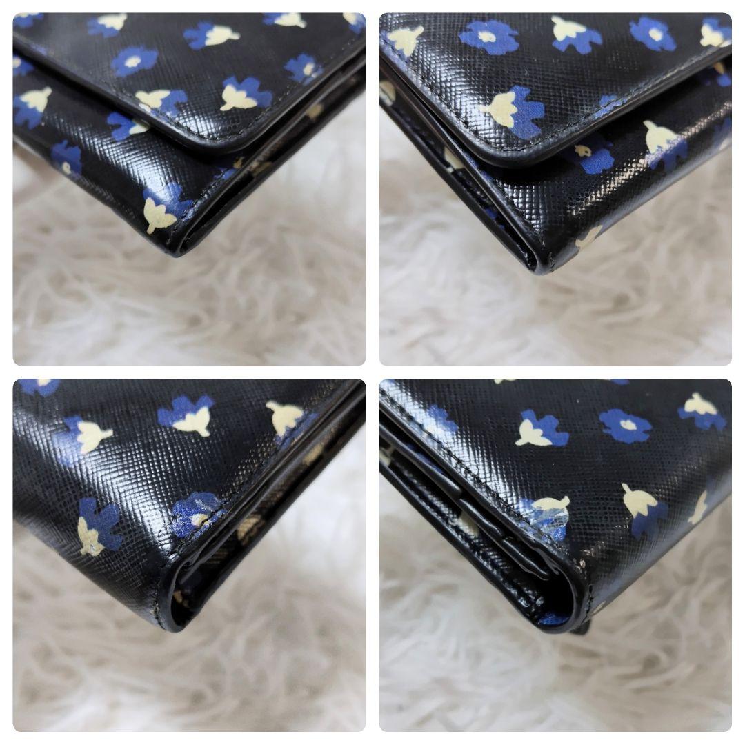 レア希少✨プラダ◇パスケース付きフラップ長財布　三角ロゴ花柄バイカラー黒ブルー