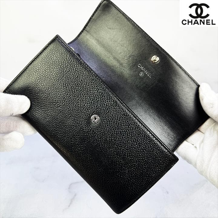 569　超美品　CHANEL　シャネル　デカココ　キャビアスキン　フラップ長財布