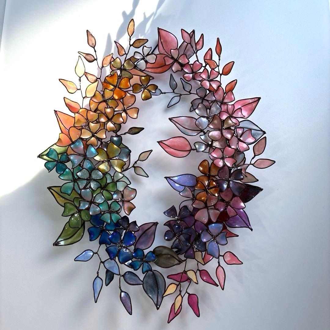 大きなアンティーク調フラワーリース　ワイヤークラフト　ディップアート　壁飾り