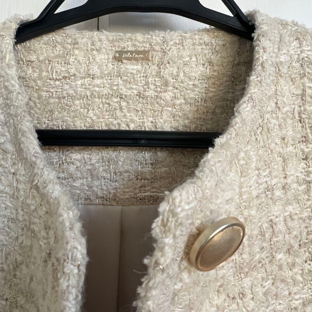 ミラオーウェン ノーカラーツイードジャケット ベージュ