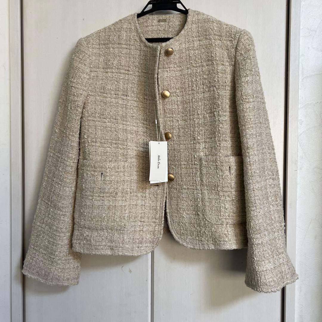 ミラオーウェン ノーカラーツイードジャケット ベージュ