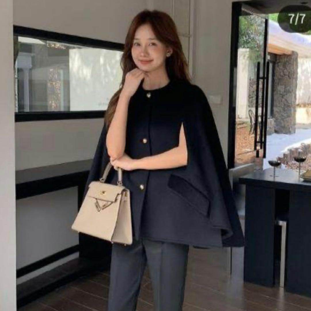 匿名配送 ウールゴールドボタン2WAYケープコート ポンチョ Freeサイズ 黒