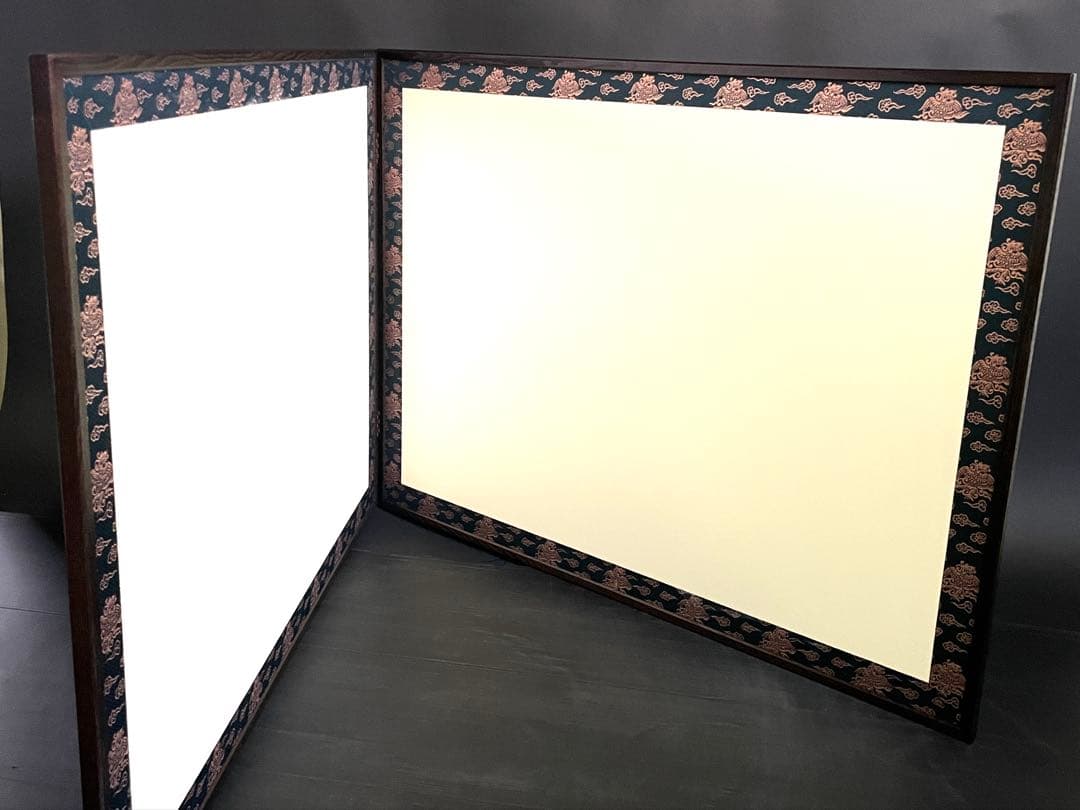 【美品】「母」 雲鵬 鳥の子 両面開き 風炉先屏風 総張 桑縁 紙箱（206④）