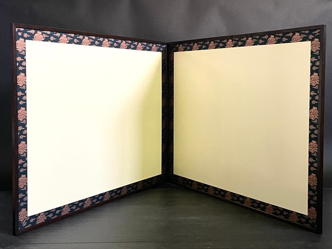 【美品】「母」 雲鵬 鳥の子 両面開き 風炉先屏風 総張 桑縁 紙箱（206④）