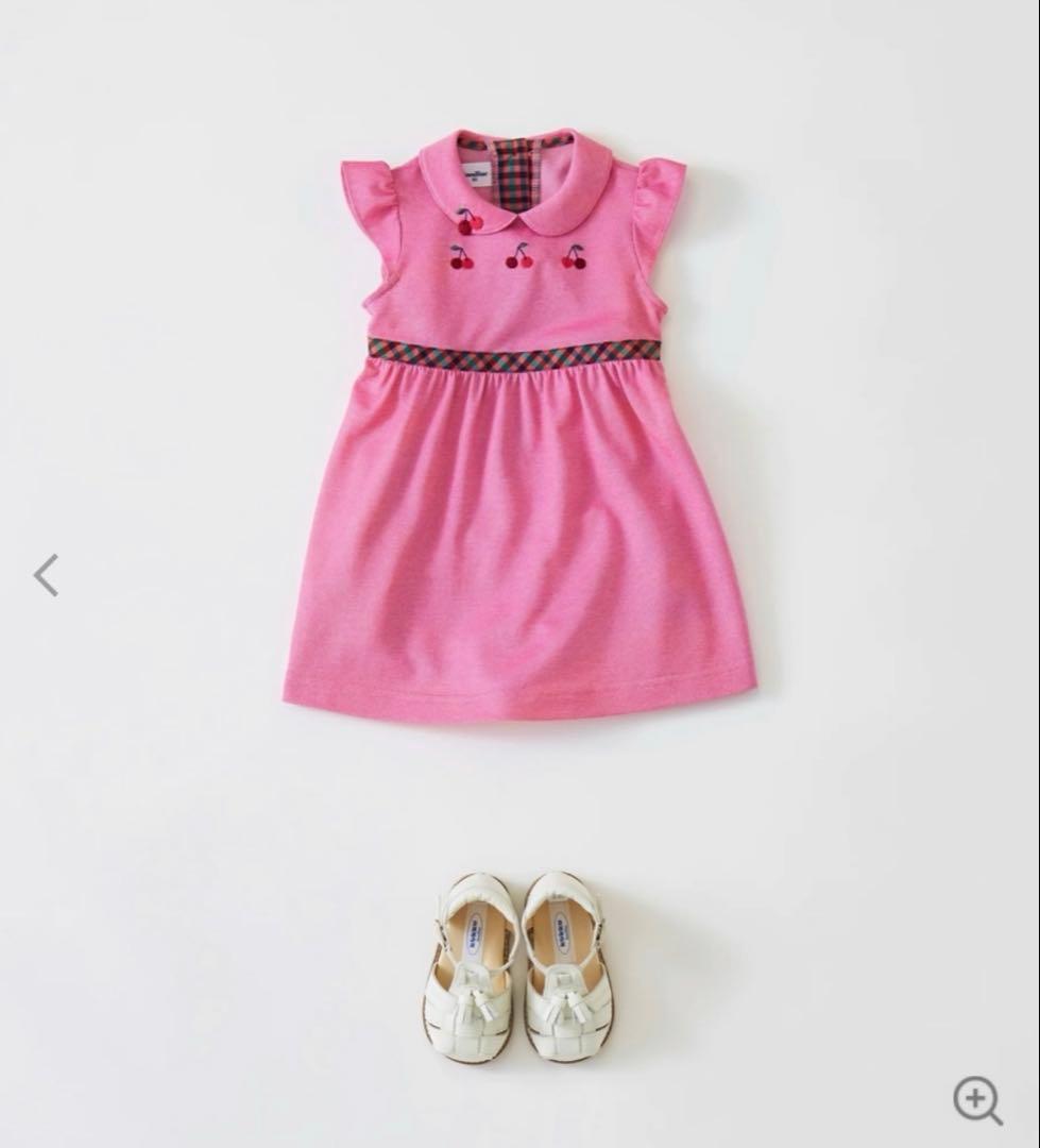 美品　ファミリア　ピンク チェリー刺繍 半袖ワンピース　100