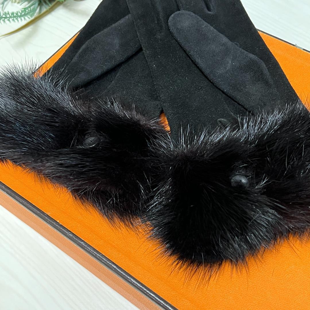 HERMES エルメス ベロア ミンクファー ブラック 手袋 ウィンターグローブ