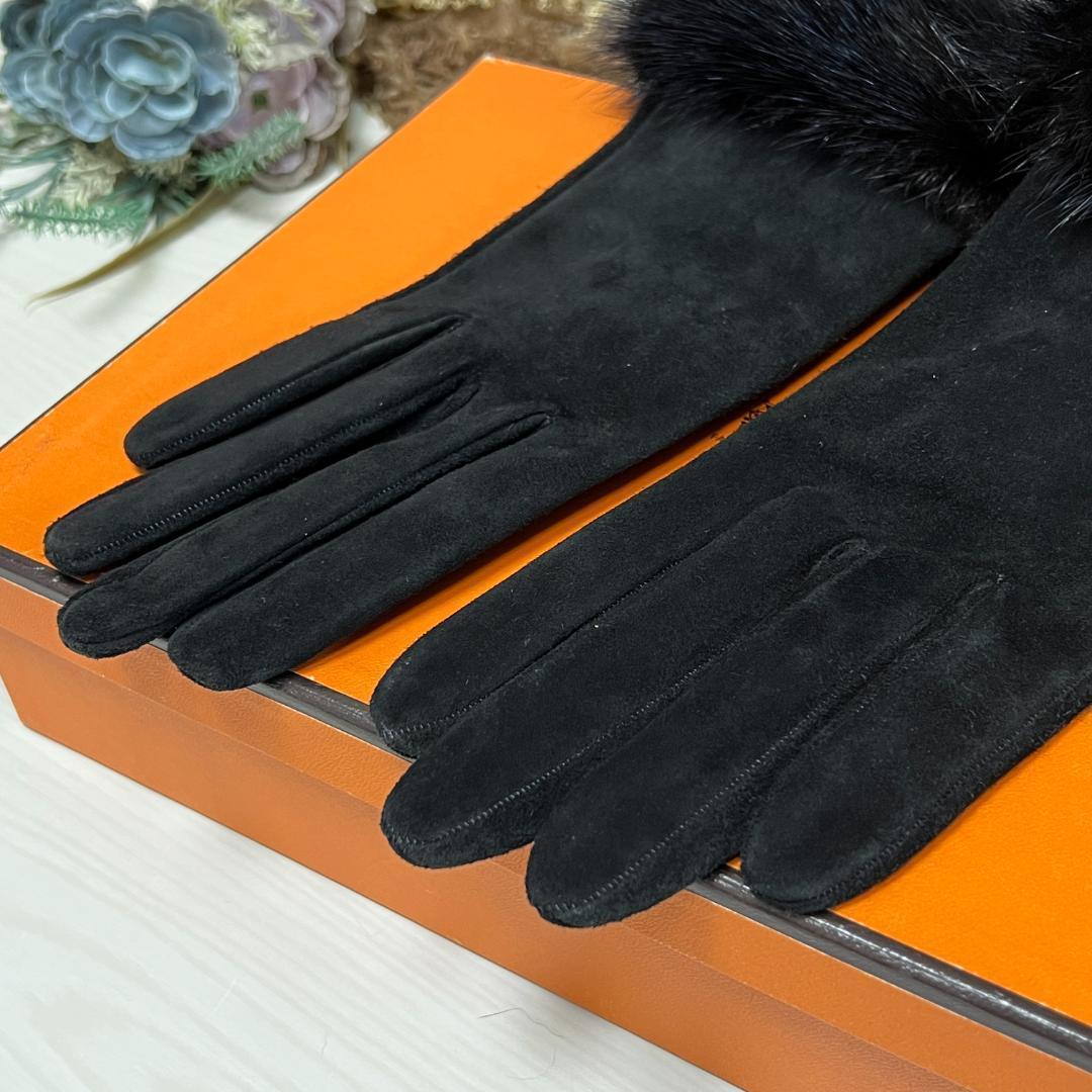 HERMES エルメス ベロア ミンクファー ブラック 手袋 ウィンターグローブ