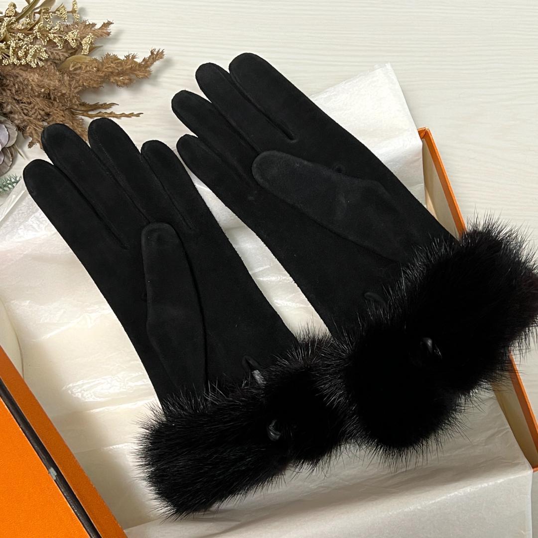 HERMES エルメス ベロア ミンクファー ブラック 手袋 ウィンターグローブ