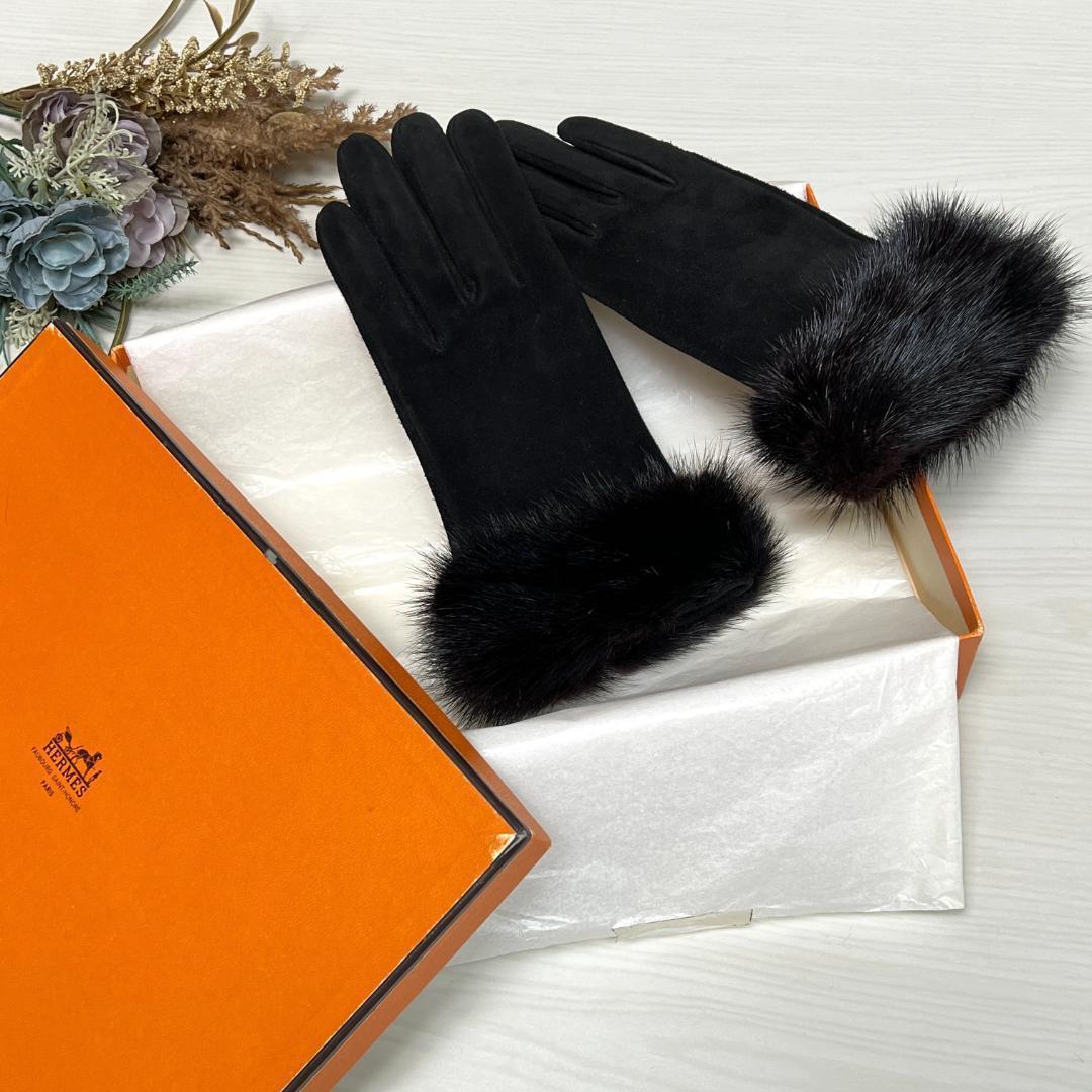 HERMES エルメス ベロア ミンクファー ブラック 手袋 ウィンターグローブ