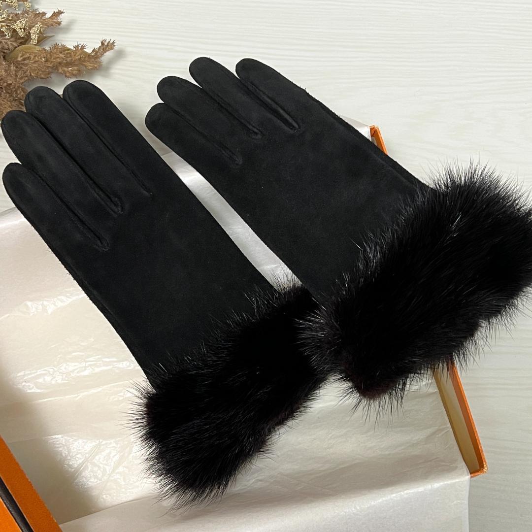 HERMES エルメス ベロア ミンクファー ブラック 手袋 ウィンターグローブ