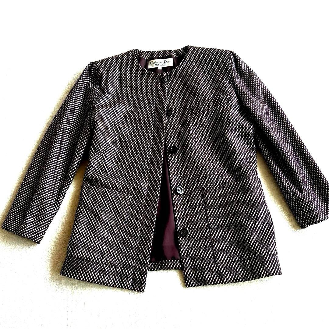 クリスチャンディオール ノーカラー ラメ ウール ツィードジャケット キラキラ