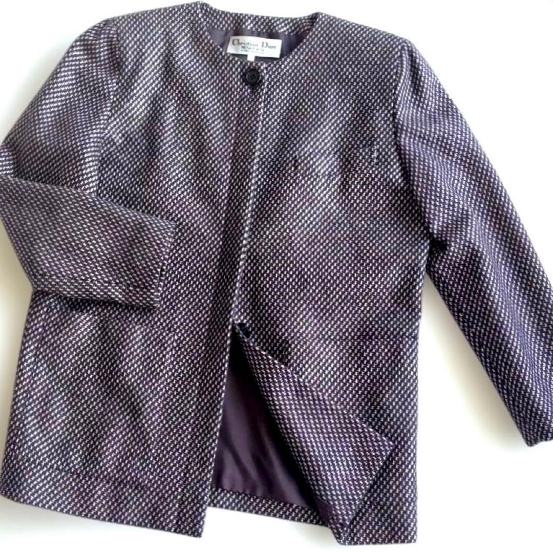 クリスチャンディオール ノーカラー ラメ ウール ツィードジャケット キラキラ