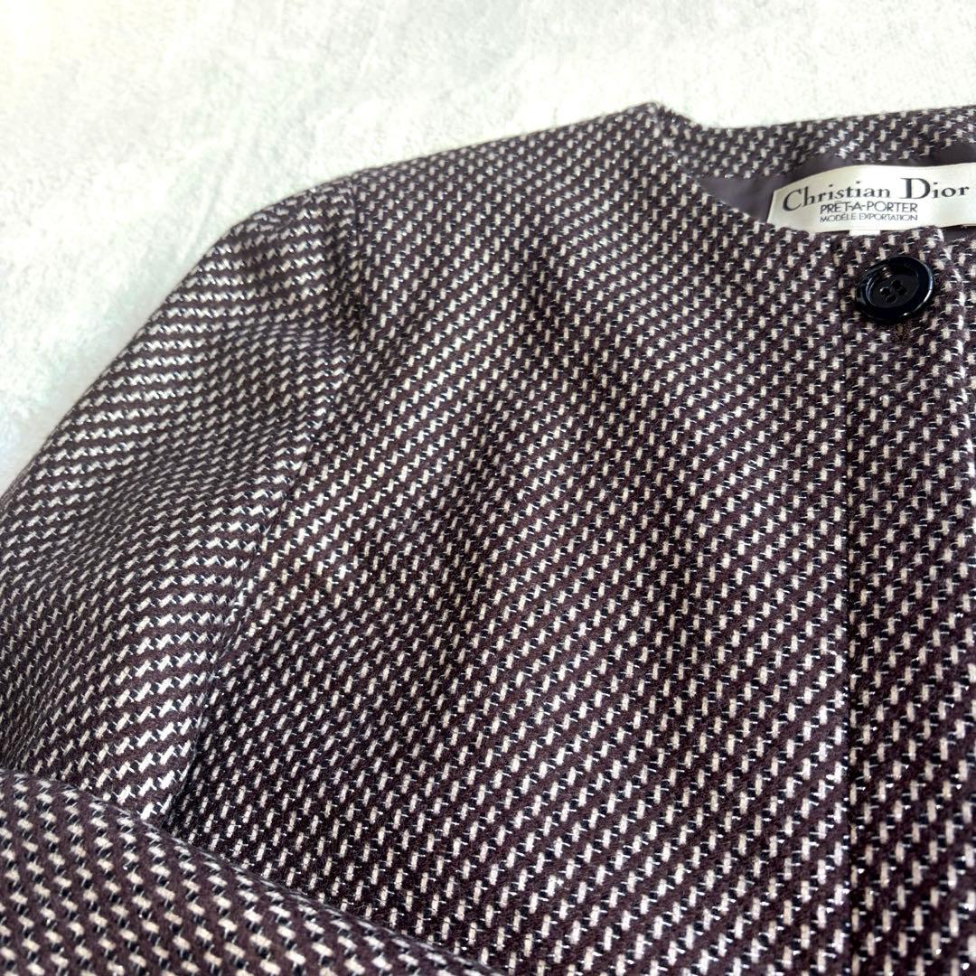 クリスチャンディオール ノーカラー ラメ ウール ツィードジャケット キラキラ