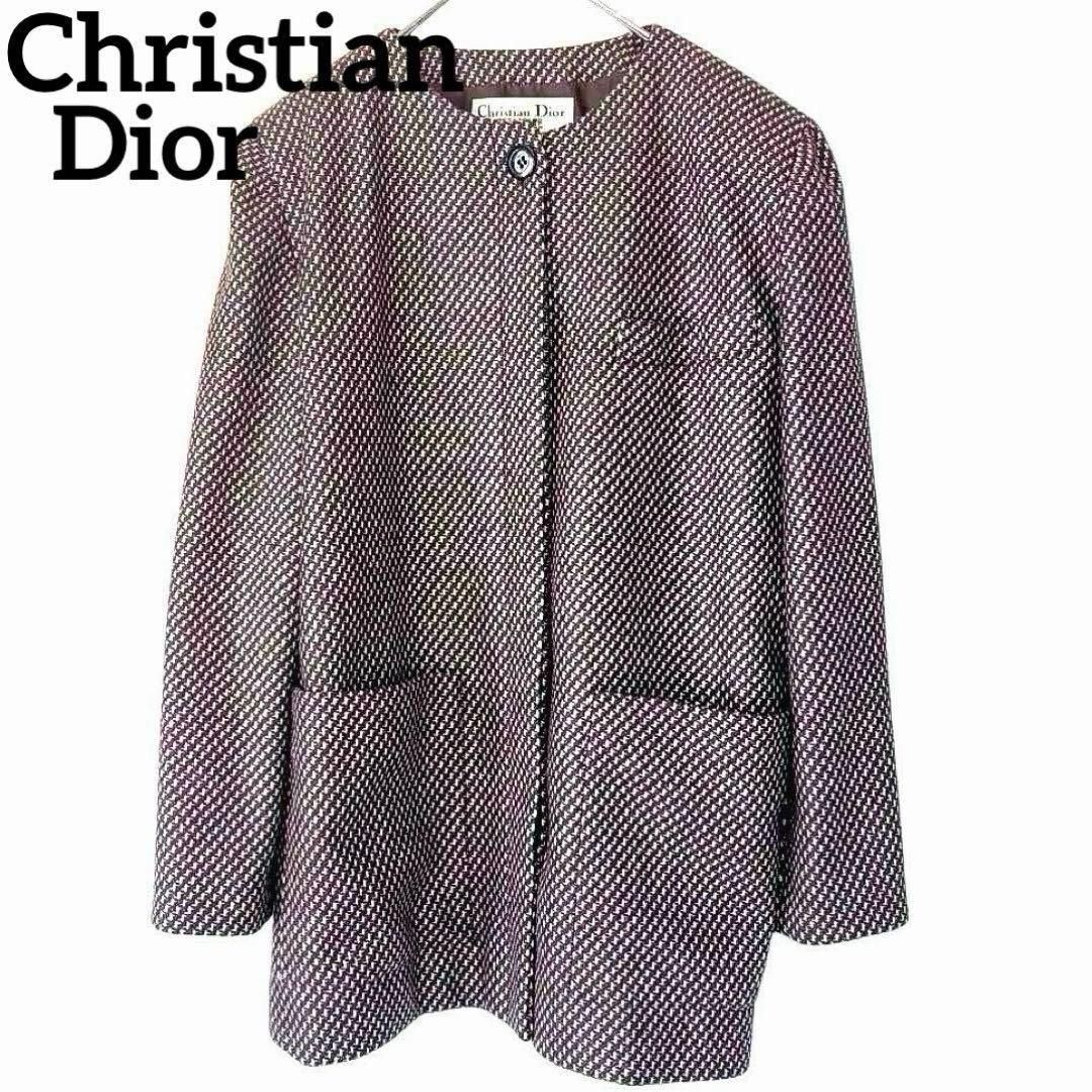 クリスチャンディオール ノーカラー ラメ ウール ツィードジャケット キラキラ