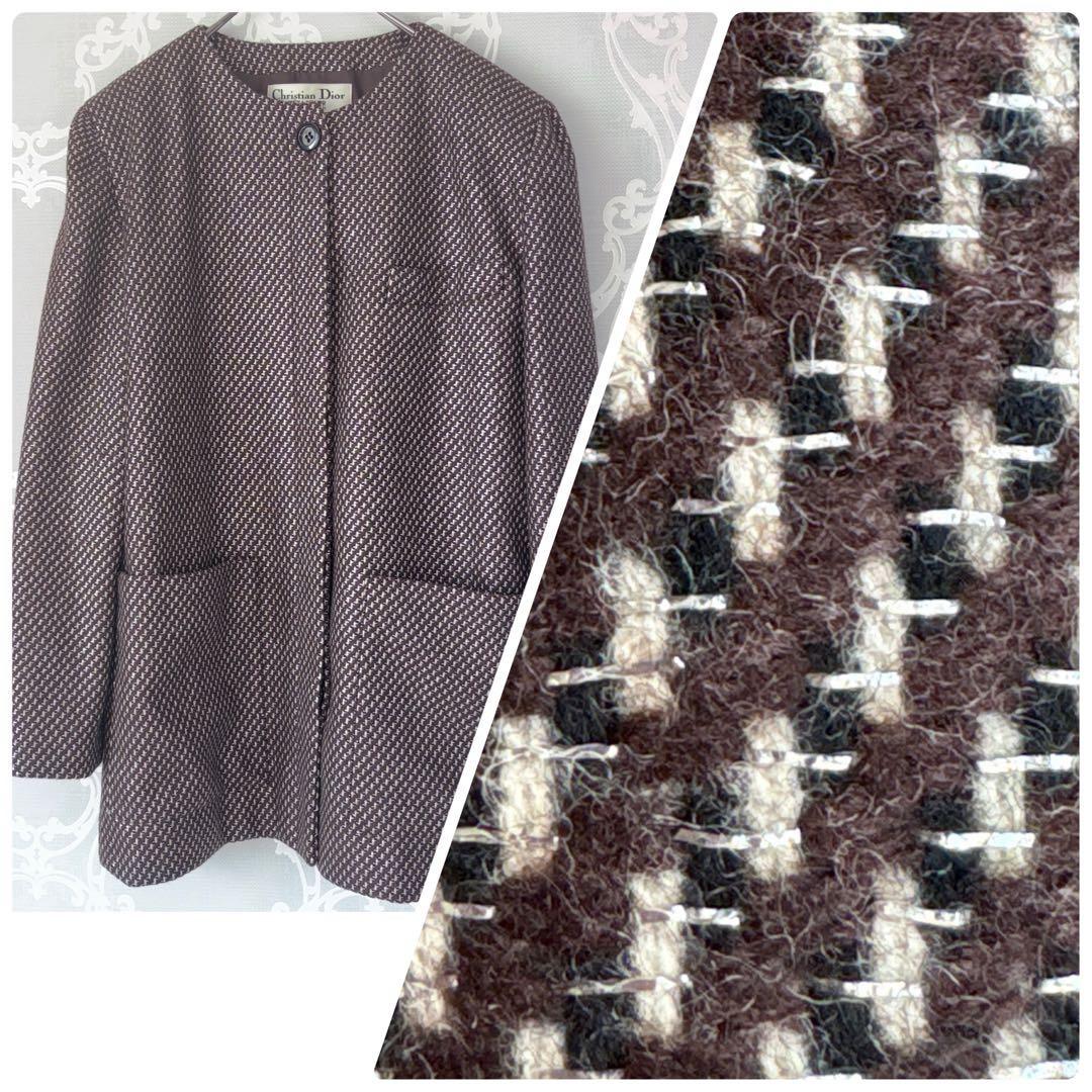 クリスチャンディオール ノーカラー ラメ ウール ツィードジャケット キラキラ