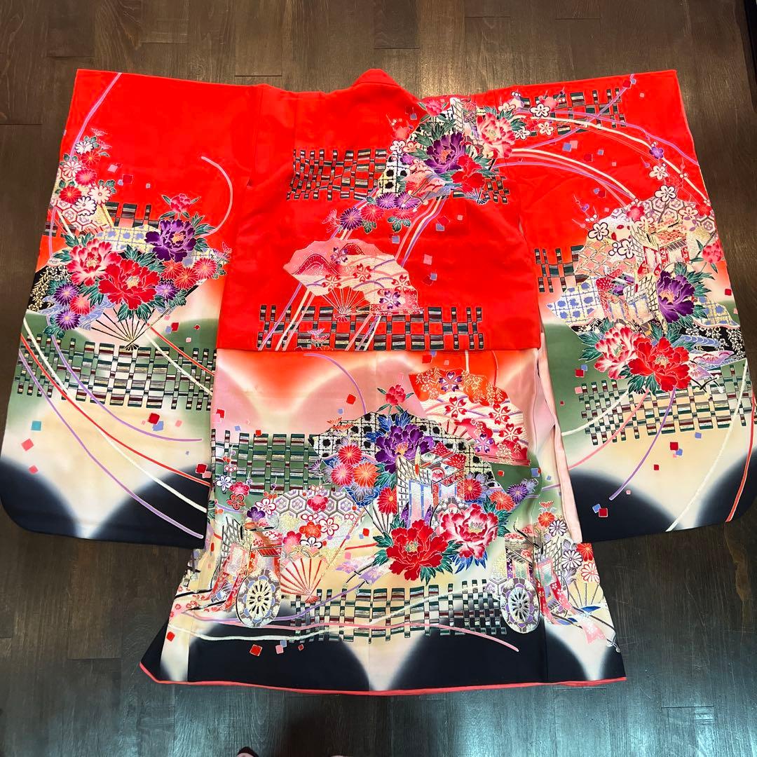 アンティーク 七五三 七歳 着物 作り帯 草履他小物一式 フルセット 御所車 絹