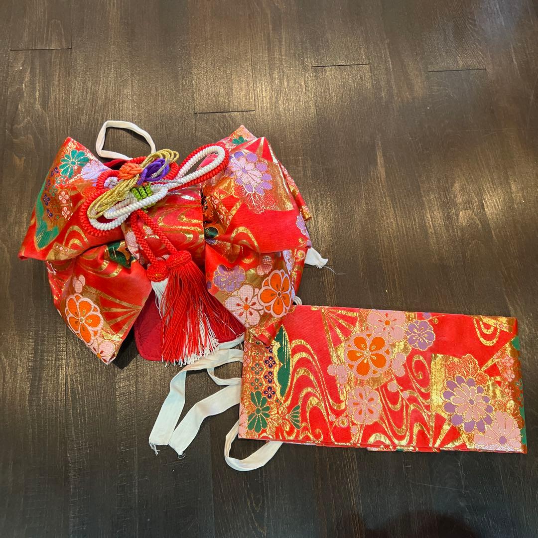 アンティーク 七五三 七歳 着物 作り帯 草履他小物一式 フルセット 御所車 絹