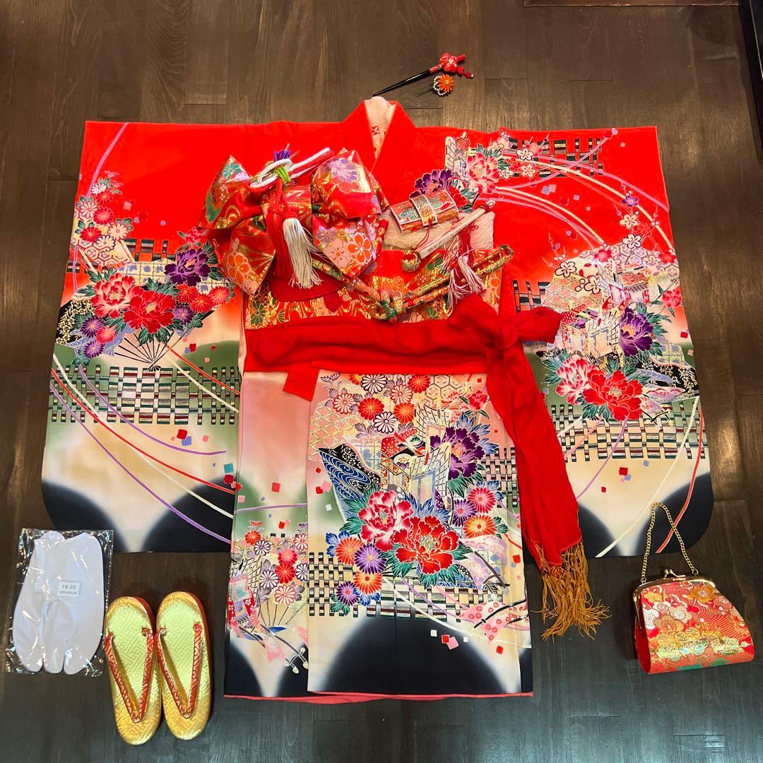 アンティーク 七五三 七歳 着物 作り帯 草履他小物一式 フルセット 御所車 絹