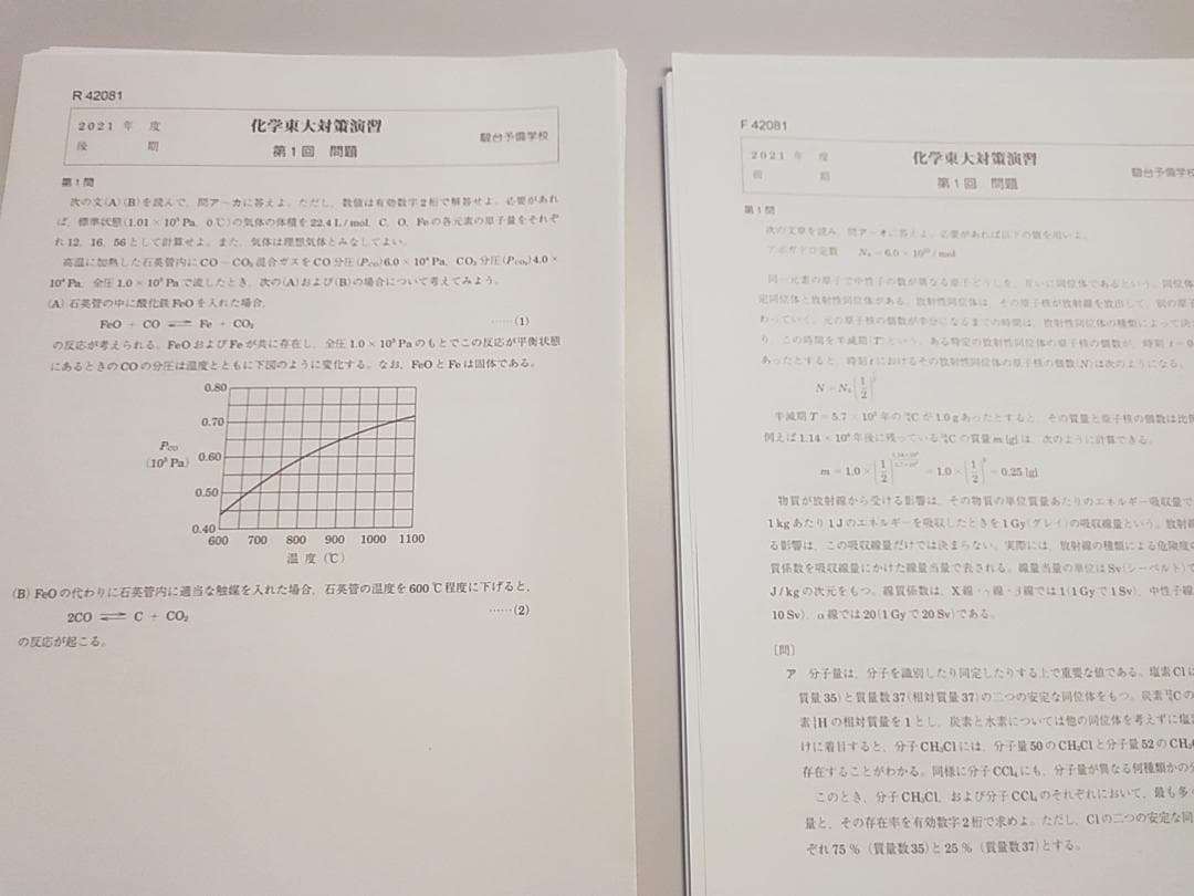 駿台による化学東大対策演習問題解答フルセット　難関大化学向け　鉄緑会　河合塾東進