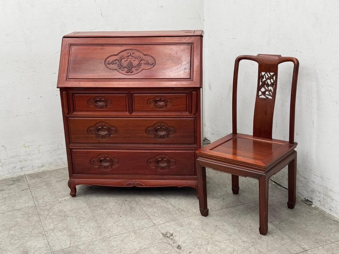 T1169☆ライティング　ビューロー　唐木家具　無垢材　花梨　椅子付き