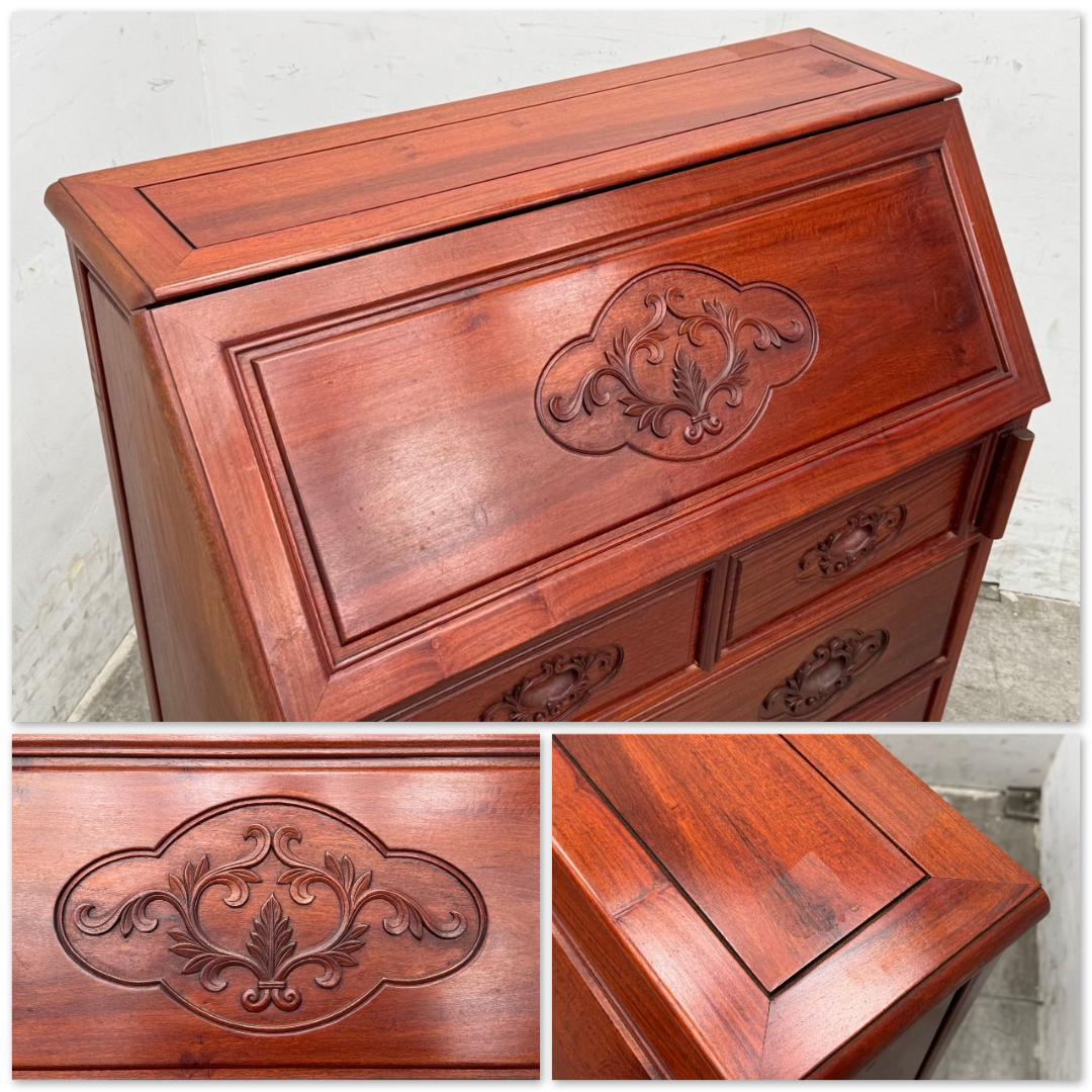 T1169☆ライティング　ビューロー　唐木家具　無垢材　花梨　椅子付き