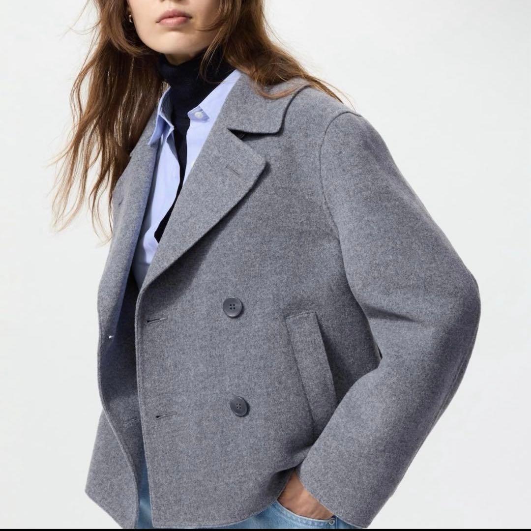 ユニクロ ダブルフェイスショートコートリラックスフィットグレー M