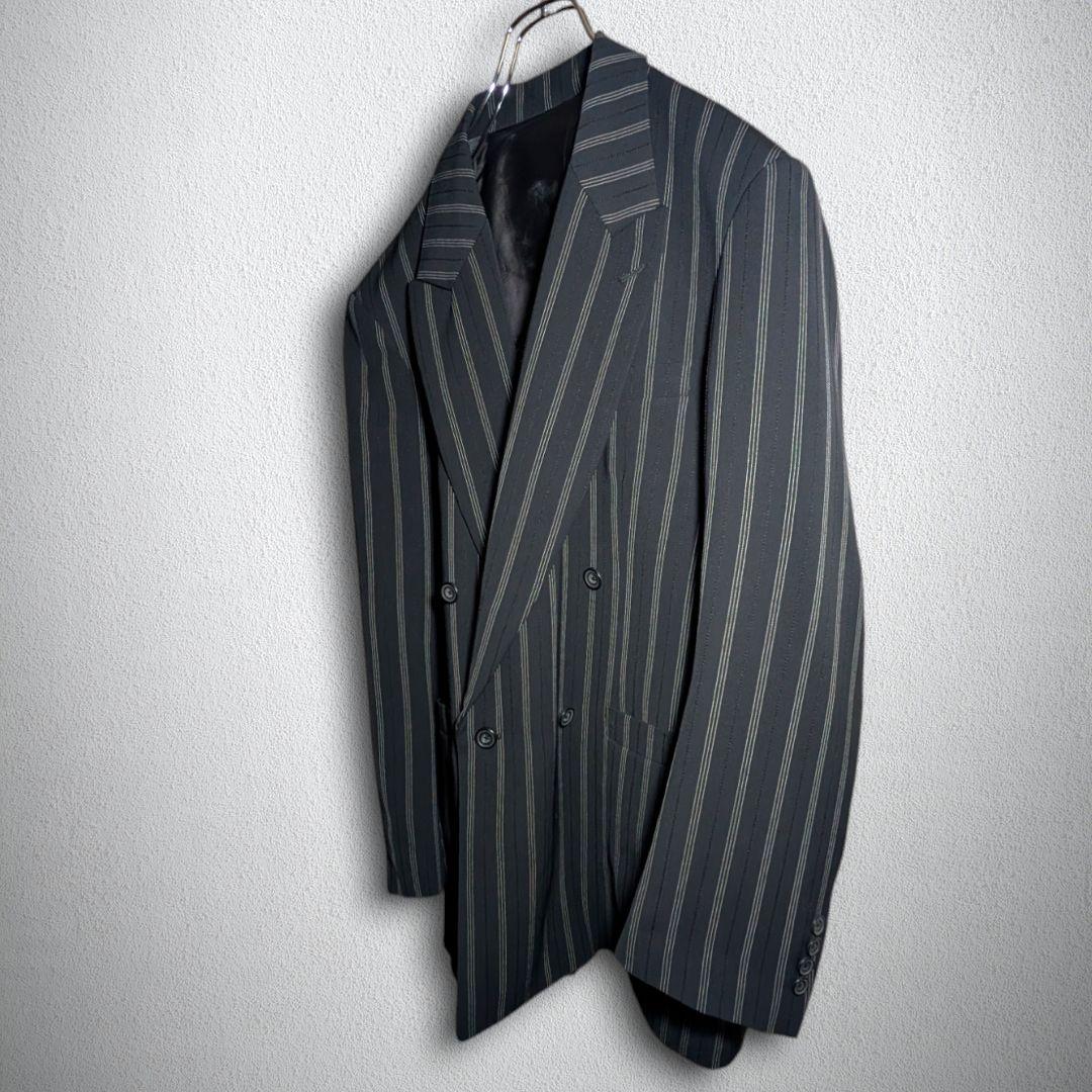 古着　スーツ　ダブル　セットアップ　ステッチ　ストライプ　パッチポケット