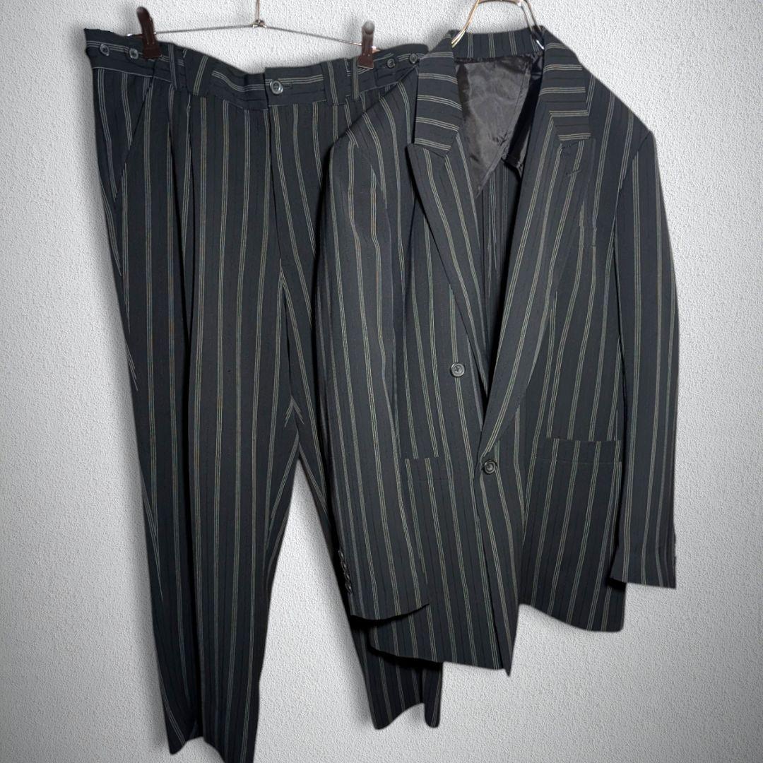 古着　スーツ　ダブル　セットアップ　ステッチ　ストライプ　パッチポケット