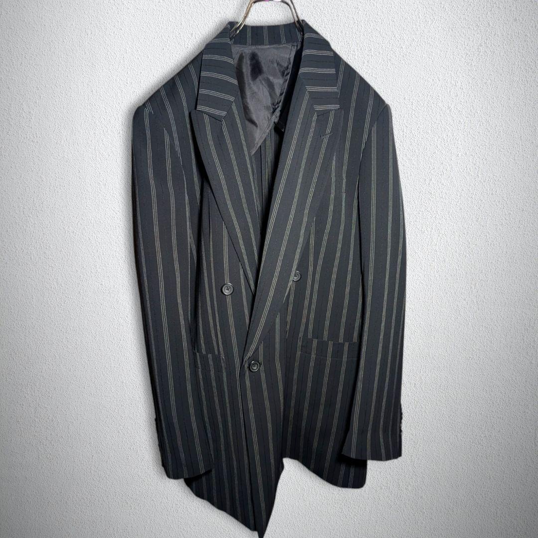 古着　スーツ　ダブル　セットアップ　ステッチ　ストライプ　パッチポケット