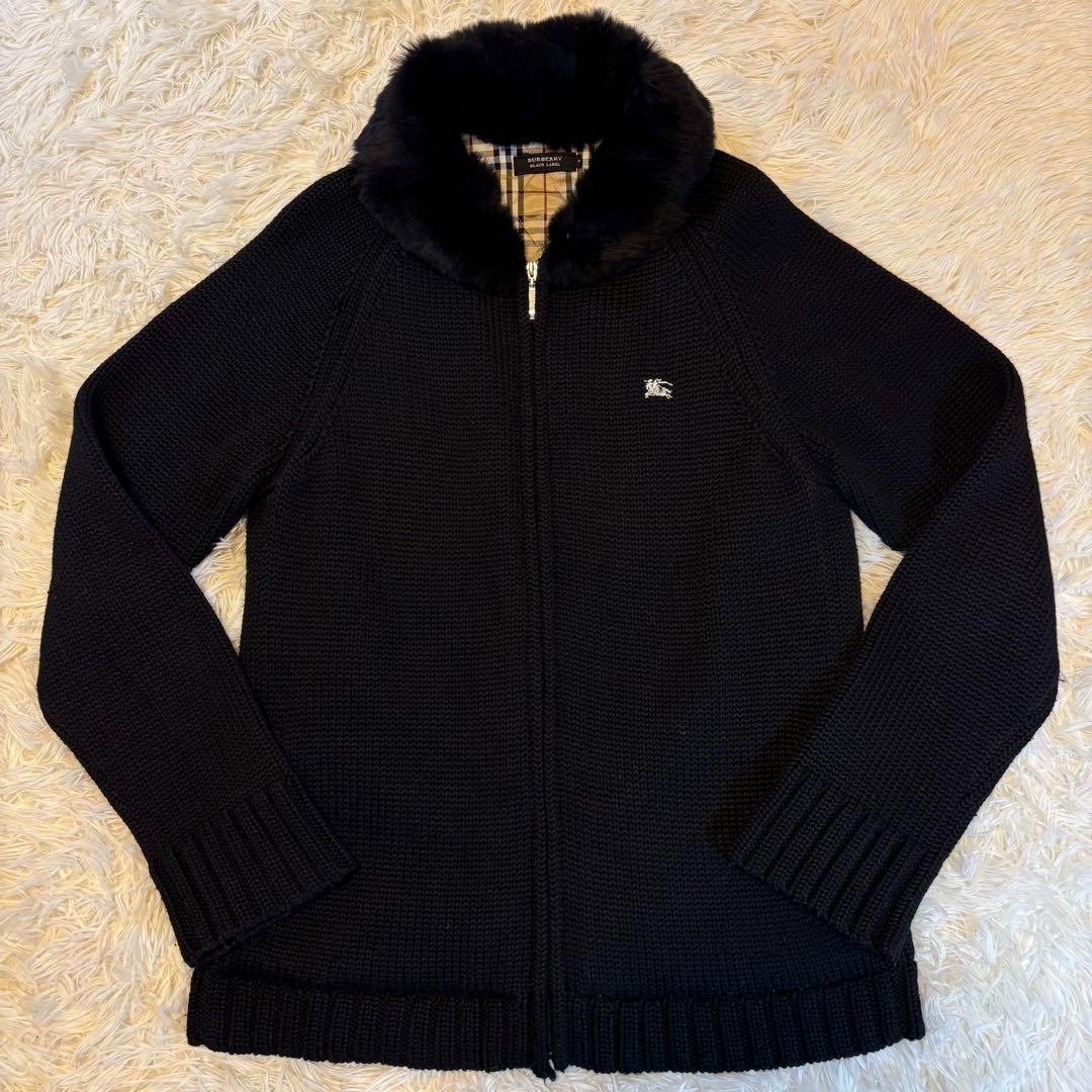 【極美品/L】バーバリーブラックレーベル ニットジャケット ファー付 黒 ノバ