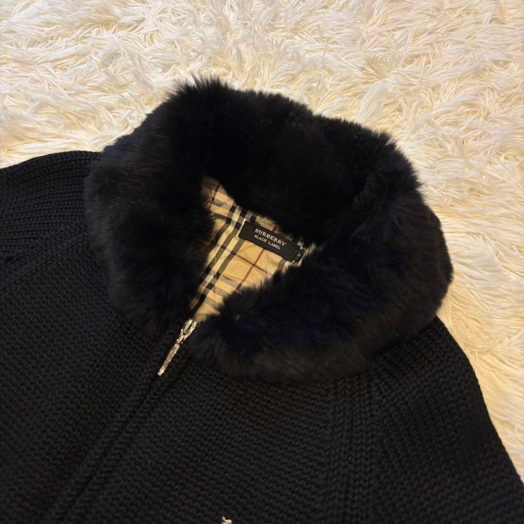 【極美品/L】バーバリーブラックレーベル ニットジャケット ファー付 黒 ノバ