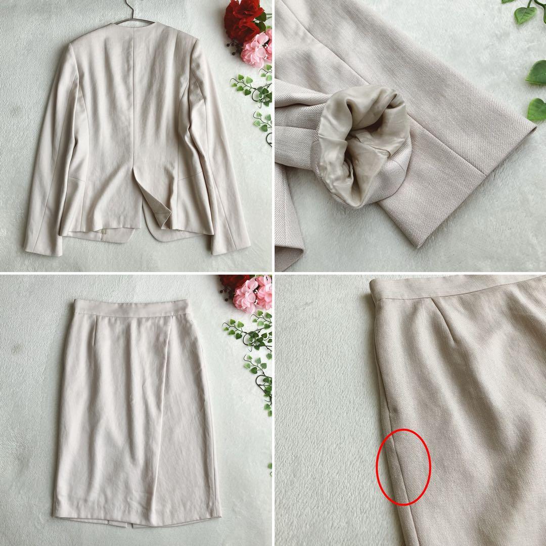 【手洗い可】【美品】ベイジ BEIGE★ノーカラー スカートスーツ Vネック