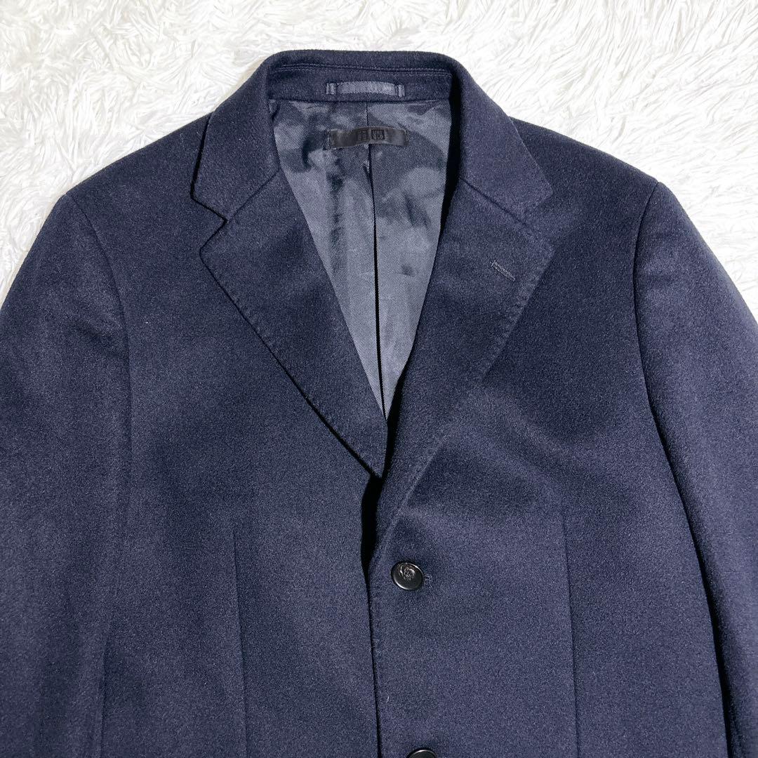 美品 UNIQLO カシミヤ混 チェスターコート ネイビー ロング丈 L