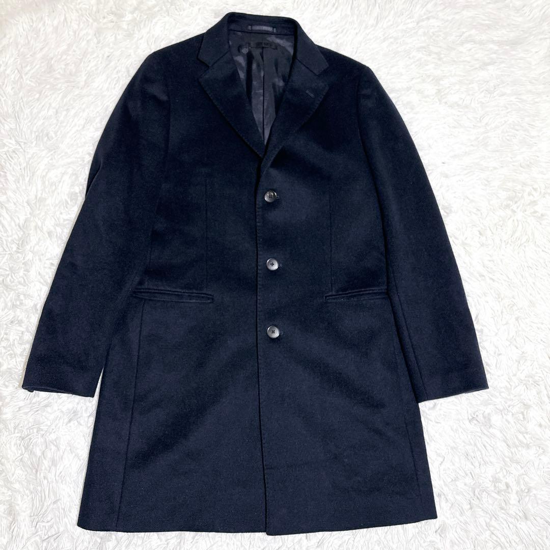 美品 UNIQLO カシミヤ混 チェスターコート ネイビー ロング丈 L